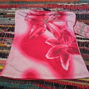 Y2k Top Tube Top Pink Floral Strapless Tank Top with Rhinestones